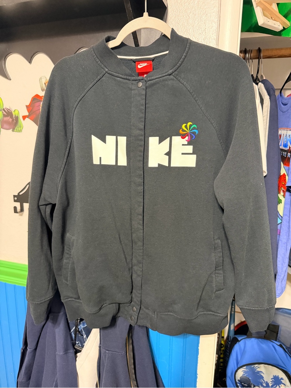 Nike Black Kids' Crew Bomber Jacket with Rainbow Pinwheel